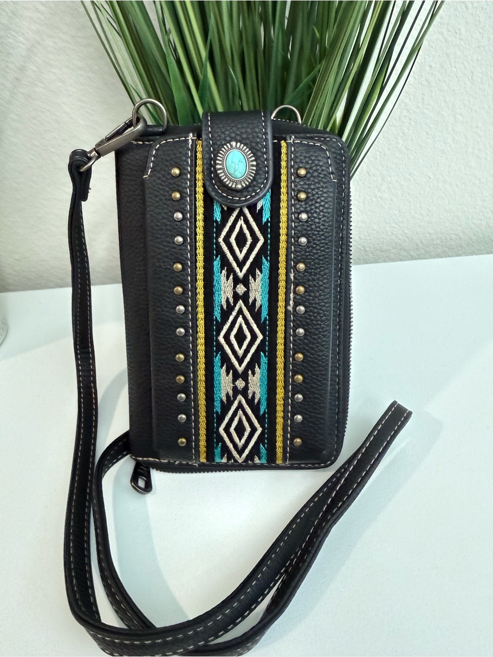 Black Crossbody Wallet with Turquoise Embroidery